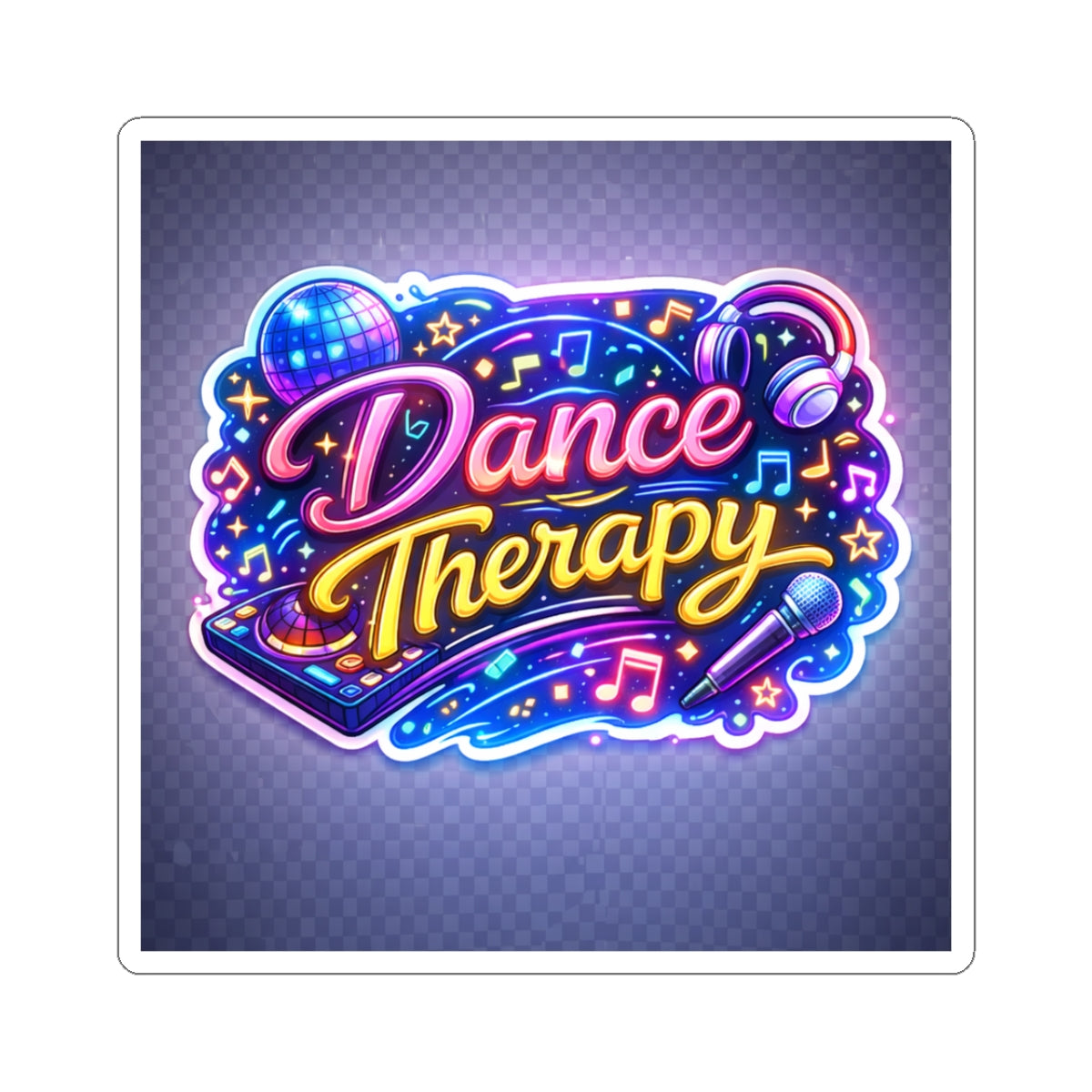 Dance Therapy Kiss-Cut Sticker — Neon DJ, Headphones & Microphone Sticker